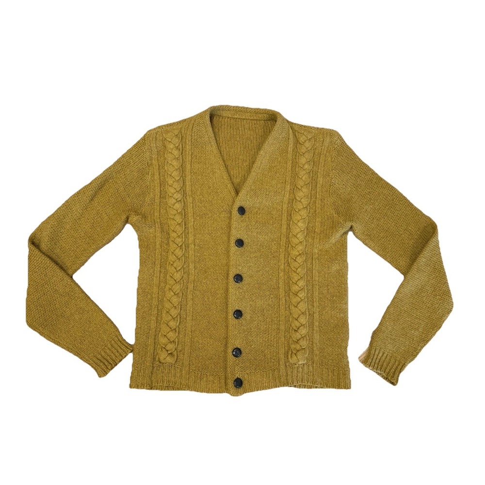 Vintage Men's Unisex 60s MCM Cardigan Mustard Yellow Wool Blend Sweater MED
